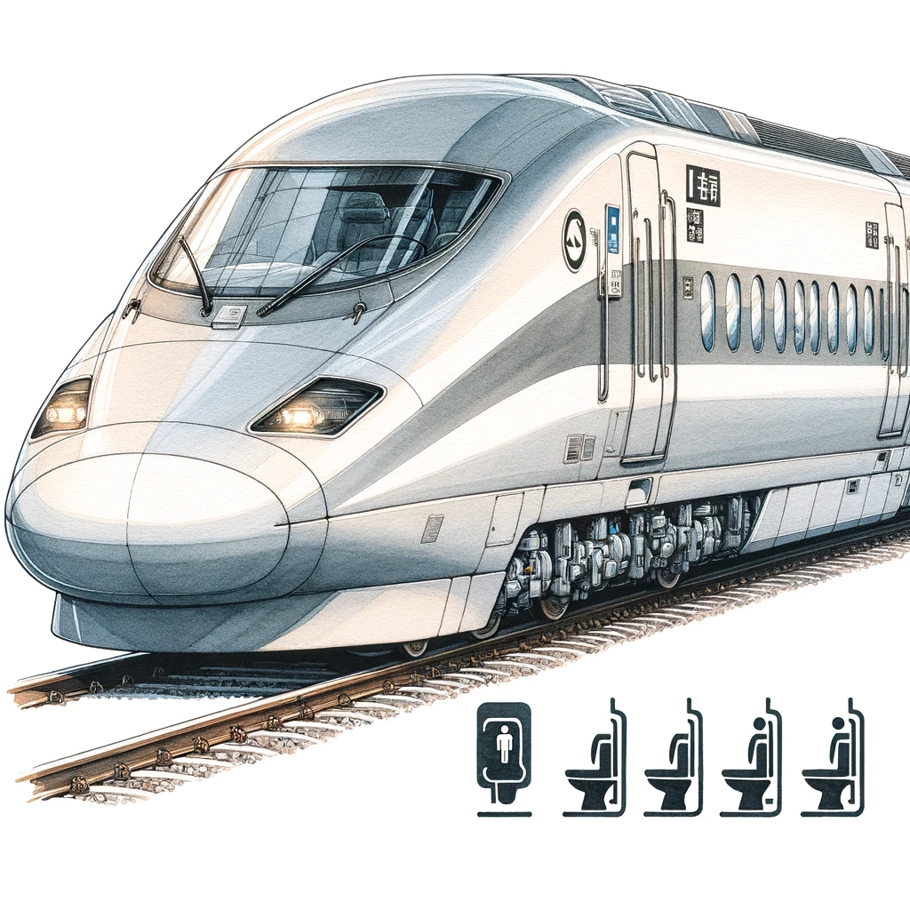 新幹線のトイレの位置 - 新幹線の車両ごとにトイレの位置を明示した詳細な図。外観のスリークなデザインと、乗客の便宜を図るトイレの配置に焦点を当てた水彩画スタイルのイラストです。
