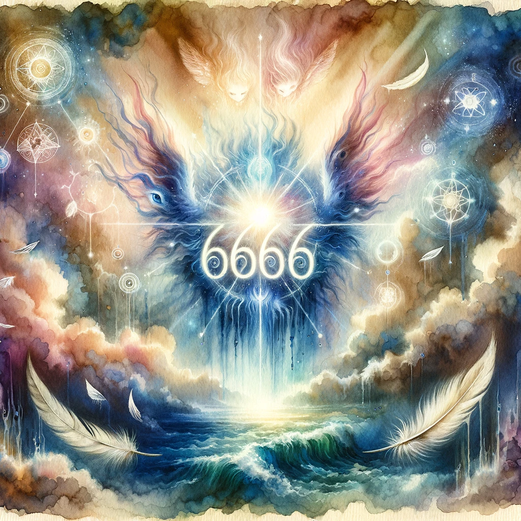 神秘的な導きの6666 - 神秘的で精神的なエッセンスを表現した、エーテル光に囲まれた6666の数字を中心にした水彩画。シンボリックな要素が高い力の存在を示唆しています。