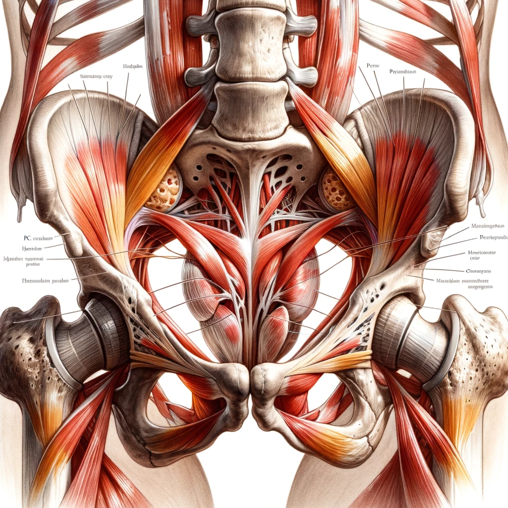 「PC筋の解剖学的イラスト」: PC筋を強調してその重要性と機能を示す、骨盤底筋群の詳細な解剖学的イラストです。