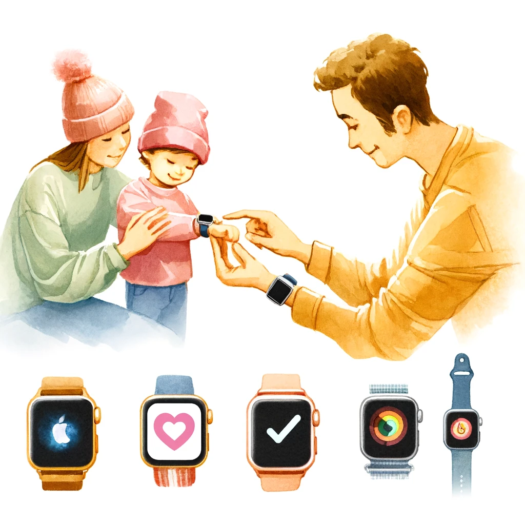 ファミリーシェアリング機能を使ったApple Watch 家族がアップルウォッチを使用している様子を描いた水彩画。親が子どもにウォッチを設定しているシーンが、家族向けの機能を強調しています。