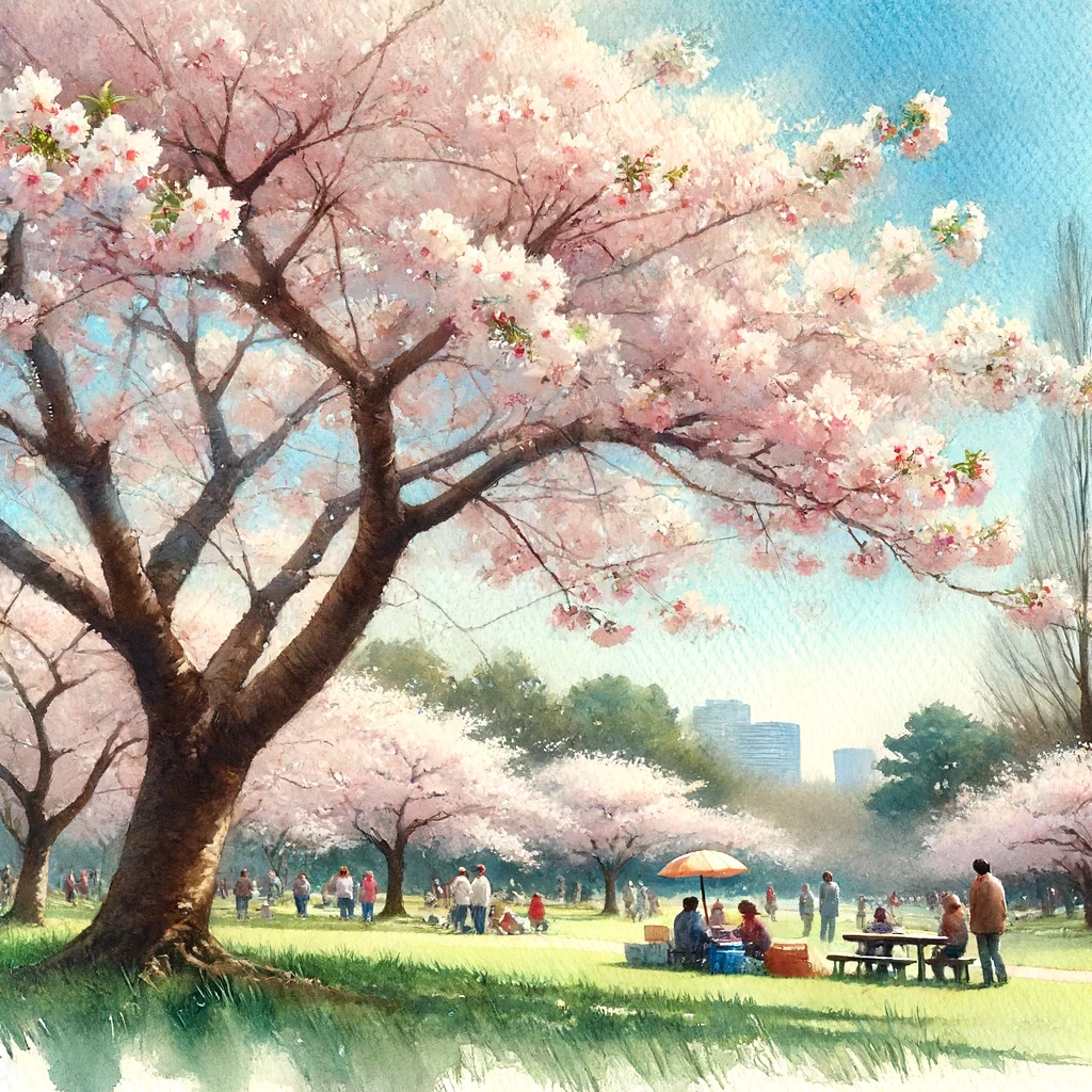 春の桜の風景 公園で桜が満開になる様子を描いた水彩画。ピクニックを楽しむ人々と晴れた青空が特徴です。